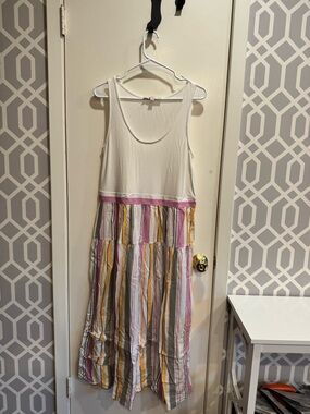 Size 14 LOFT White Tank Dress with Pink, Yellow and Gray Striped Skirt